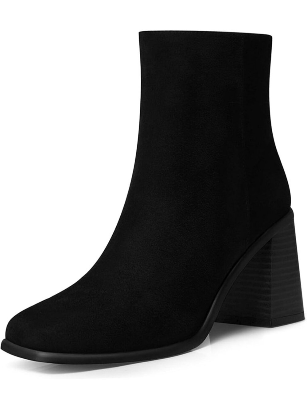 Women's Black Suede Square Toe Comfortable Chunky Heel Faux Leather Ankle Boots